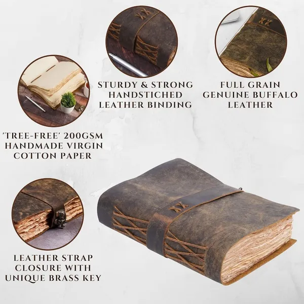 Handmade_Vintage_Dark_Brown_100%_Full-Grain_Genuine_Buffalo_Leather_Journal_With_Deckle_Edge_Handmade_Cotton_Paper_-_Antique_Brass_Skeleton_Key_&_Wrap_Strap,_200_Unruled_Pages,_Portable_7X5_Inch_Diary_For_Men_&_Women