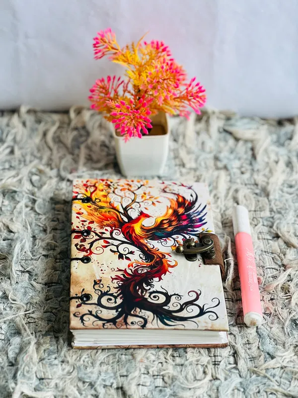 Handcrafted_Mystic_Phoenix_Tree_Of_Life_Printed_Hardbound_Journal_For_Writing_&_Sketching_-_Vintage_Brass_Finish_Lock,_200_Unruled_Pages,_Portable_7X5_Inch_Hand-Stitched_Diary