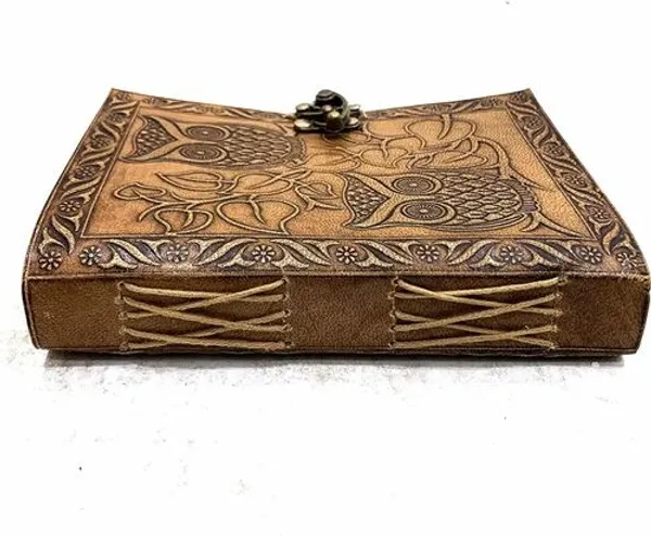 Handmade_Twin_Owl_Embossed_Vintage_Leather_Journal_With_Brass_Lock_-_Antique_Deckle_Edge_Paper,_200_Unruled_Pages,_7X5_Inch_Hand-Stitched_Diary