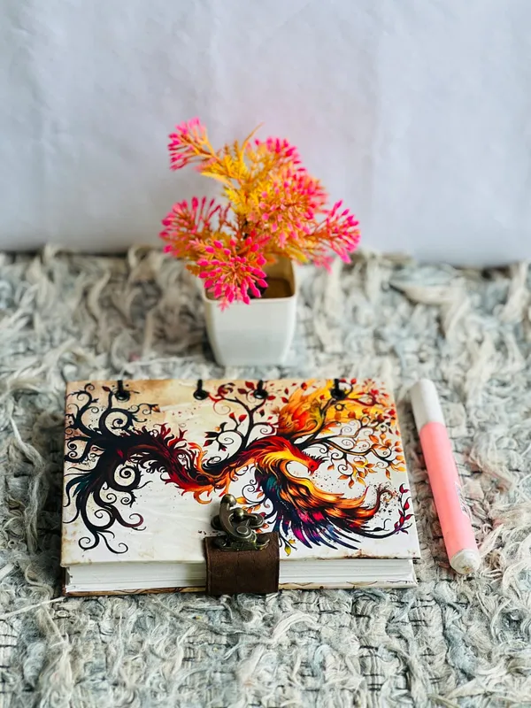 Handcrafted_Mystic_Phoenix_Tree_Of_Life_Printed_Hardbound_Journal_For_Writing_&_Sketching_-_Vintage_Brass_Finish_Lock,_200_Unruled_Pages,_Portable_7X5_Inch_Hand-Stitched_Diary
