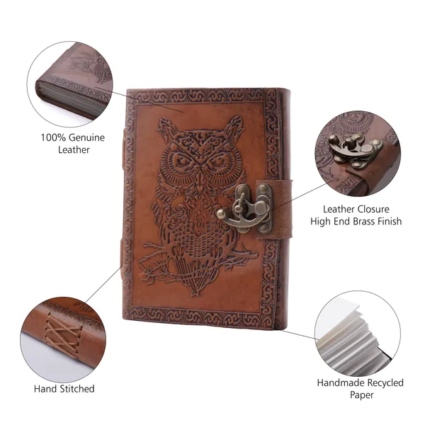 Handmade_Embossed_Mystic_Owl_Tan_Brown_100%_Genuine_Buffalo_Leather_Journal_For_Writing_&_Sketching_-_Vintage_Brass_Finish_Lock,_200_Unruled_Pages,_Portable_7X5_Inch_Hand-Stitched_Diary_For_Men_&_Women