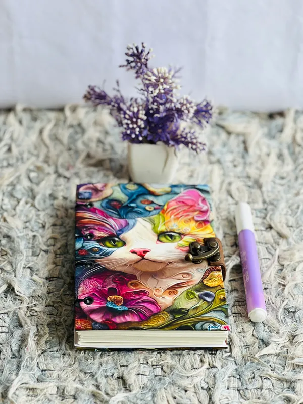 Psychedelic_Floral_Cat_Hardbound_Lock_Diary_200_Unruled_Pages_7X5_In