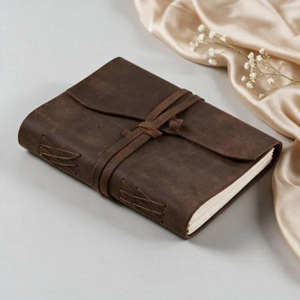 Handmade_Vintage_Dark_Espresso_Brown_100%_Genuine_Buffalo_Leather_Journal_For_Writing_&_Sketching_-_Curved_Flap_With_Wrap-Around_Tie_Strap,_200_Unruled_Pages,_Portable_7X5_Inch_Hand-Stitched_Diary_For_Men_&_Women