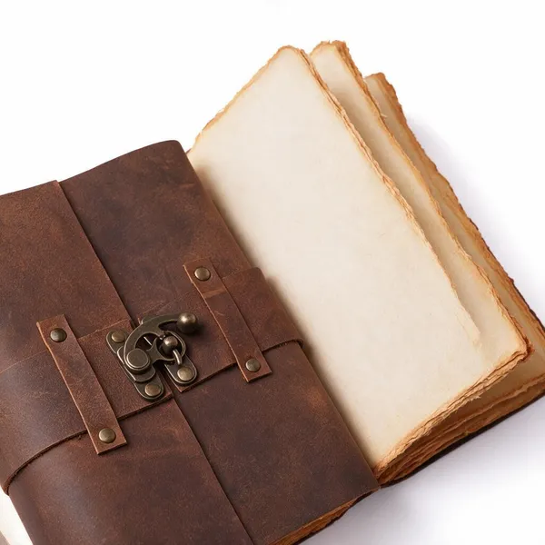 Handmade_Vintage_Rustic_Brown_100%_Genuine_Buffalo_Leather_Journal_With_Antique_Burnt_Deckle_Edge_Paper_For_Writing_&_Sketching_-_Riveted_Leather_Strap_With_Vintage_Brass_Finish_Lock,_200_Unruled_Pages,_Portable_8X6_Inch_Hand-Stitched_Diary_For_Men_&_Women