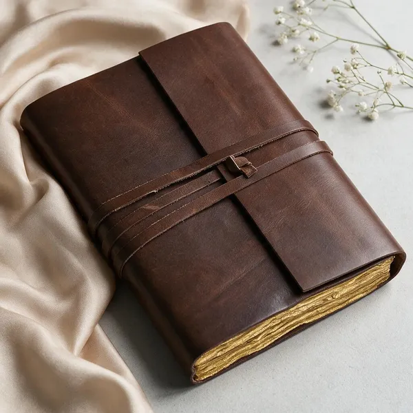 Handmade_Dark_Chocolate_Brown_100%_Genuine_Buffalo_Leather_Journal_With_Antique_Deckle_Edge_Paper_For_Writing_&_Sketching_-_Minimalist_Leather_Wrap_Strap_With_Slot_Loop,_200_Unruled_Pages,_Portable_7X5_Inch_Hand-Stitched_Diary_For_Men_&_Women