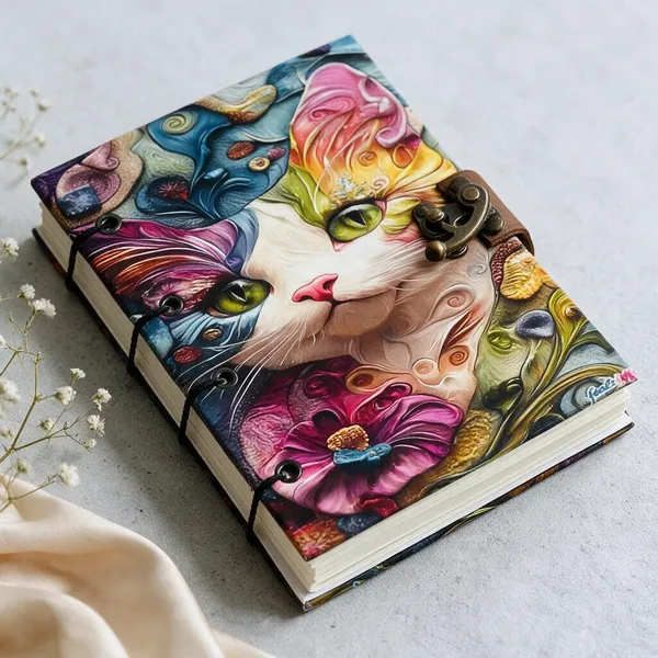 Psychedelic_Floral_Cat_Hardbound_Lock_Diary_200_Unruled_Pages_7X5_In