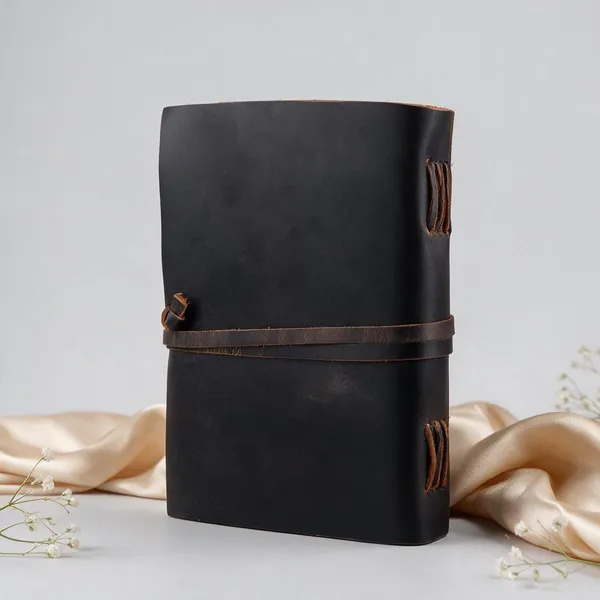 Handmade_Vintage_Midnight_Black_100%_Genuine_Buffalo_Leather_Journal_With_Antique_Deckle_Edge_Paper_For_Writing_&_Sketching_-_Cross-Laced_Spine_Details_With_Wrap-Around_Tie_Strap,_200_Unruled_Pages,_Portable_7X5_Inch_Diary_For_Men_&_Women