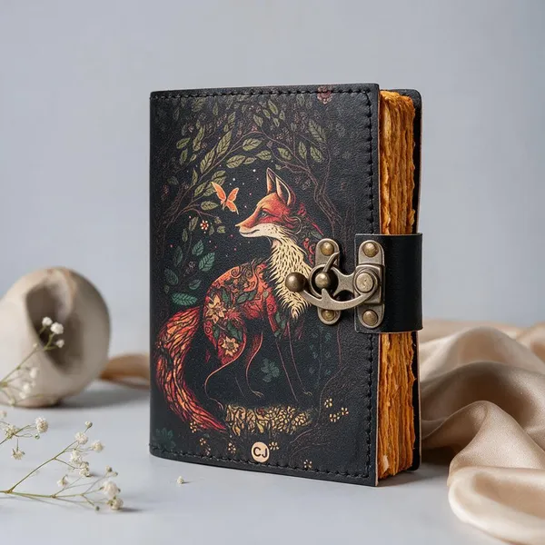 Handmade_High-Definition_UV_Printed_Mystic_Forest_Red_Fox_Leather_Journal_With_Antique_Deckle_Edge_Paper_For_Writing_&_Sketching_-_Vintage_Brass_Finish_Lock,_200_Unruled_Pages,_Portable_7X5_Inch_Hand-Stitched_Diary