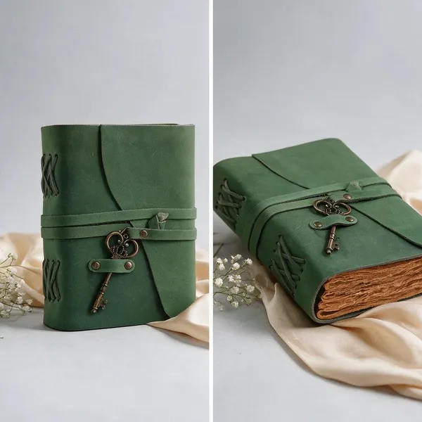 Handmade_Vintage_Jade_Green_100%_Genuine_Buffalo_Leather_Journal_With_Antique_Burnt_Deckle_Edge_Paper_For_Writing_&_Sketching_-_Antique_Brass_Skeleton_Key,_Cross-Stitched_Spine,_200_Unruled_Pages,_Portable_7X5_Inch_Diary_For_Men_&_Women