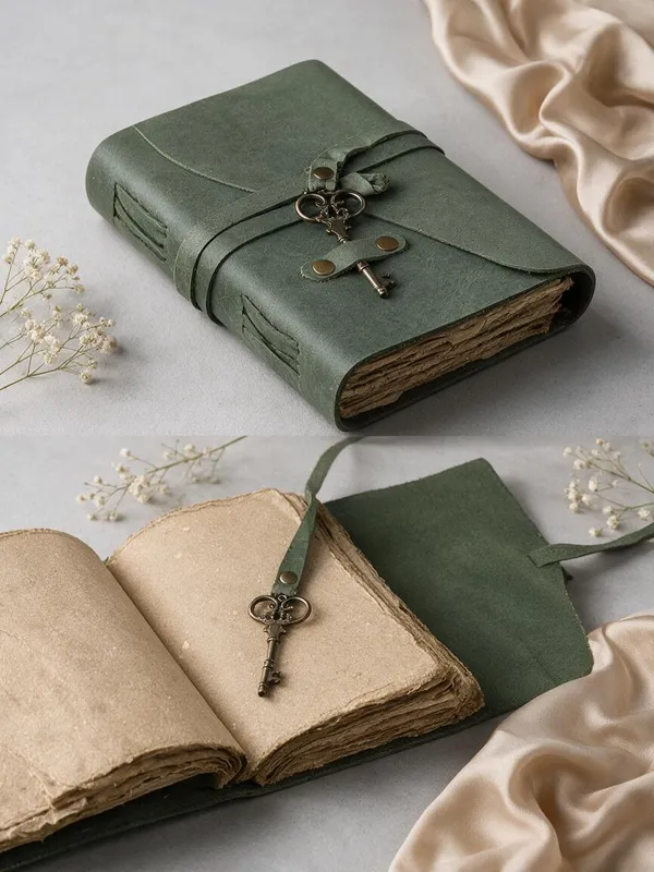 Handmade_Vintage_Olive_Green_100%_Genuine_Buffalo_Leather_Journal_With_Antique_Deckle_Edge_Paper_For_Writing_&_Sketching_-_Antique_Brass_Skeleton_Key_&_Leather_Wrap_Strap,_200_Unruled_Pages,_Portable_7X5_Inch_Hand-Stitched_Diary_For_Men_&_Women