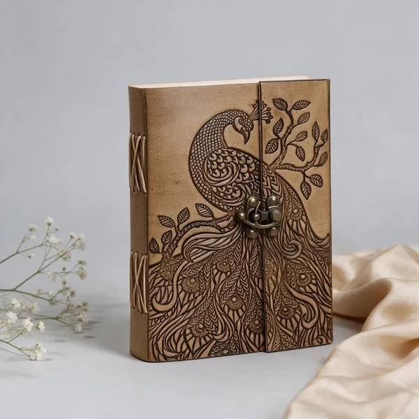 Handmade_Embossed_Peacock_Tan_Brown_100%_Genuine_Buffalo_Leather_Journal_For_Writing_&_Sketching_-_Vintage_Brass_Finish_Lock,_200_Unruled_Pages,