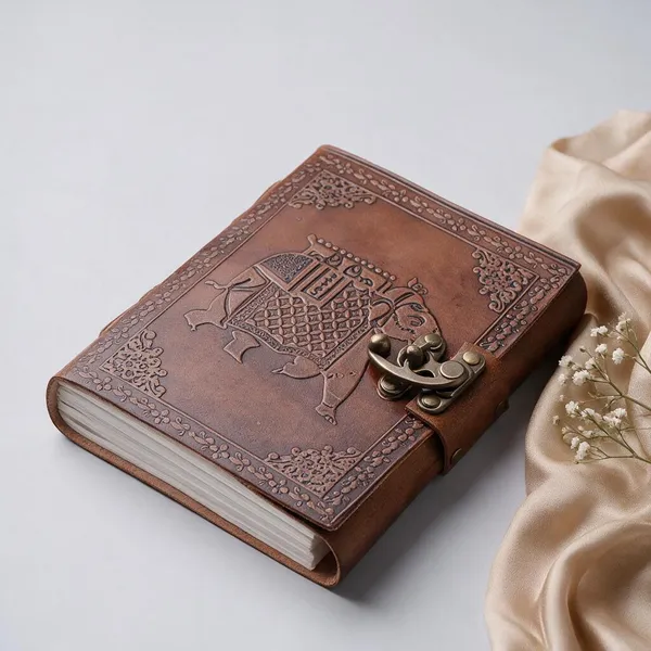 Handmade_Embossed_Royal_Indian_Elephant_Tan_Brown_100%_Genuine_Buffalo_Leather_Journal_For_Writing_&_Sketching_-_Vintage_Brass_Finish_Lock,_200_Unruled_Pages,_Portable_7X5_Inch_Hand-Stitched_Diary_For_Men_&_Women