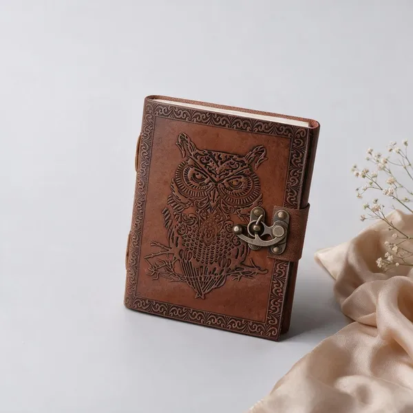 Handmade_Embossed_Mystic_Owl_Tan_Brown_100%_Genuine_Buffalo_Leather_Journal_For_Writing_&_Sketching_-_Vintage_Brass_Finish_Lock,_200_Unruled_Pages,_Portable_7X5_Inch_Hand-Stitched_Diary_For_Men_&_Women