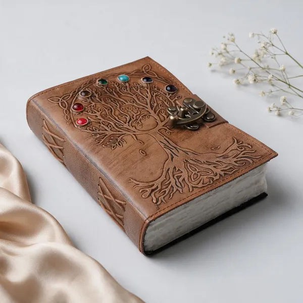 Handmade_Embossed_Seven_Chakra_Tree_Of_Life_Antique_Tan_100%_Genuine_Buffalo_Leather_Journal_For_Writing_&_Sketching_-_Inlaid_7_Healing_Stones,_Vintage_Brass_Finish_Lock,_200_Unruled_Pages,_Portable_7X5_Inch_Hand-Stitched_Diary_For_Men_&_Women