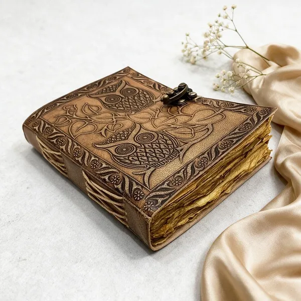 Handmade_Twin_Owl_Embossed_Vintage_Leather_Journal_With_Brass_Lock_-_Antique_Deckle_Edge_Paper,_200_Unruled_Pages,_7X5_Inch_Hand-Stitched_Diary