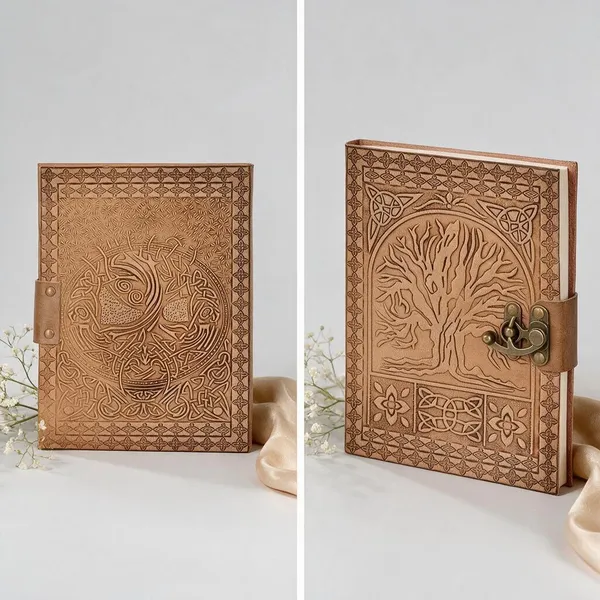 Handmade_Embossed_Celtic_Tree_Of_Life_Tan_Brown_100%_Genuine_Buffalo_Leather_Journal_For_Writing_&_Sketching_-_Vintage_Brass_Finish_Lock,_200_Unruled_Pages,_Portable_7X5_Inch_Hand-Stitched_Diary_For_Men_&_Women