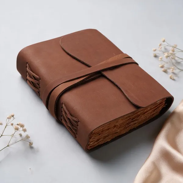 Handmade_Antique_Tan_Brown_100%_Genuine_Buffalo_Leather_Journal_For_Writing_&_Sketching_-_Curved_Flap_With_Wrap-Around_Tie_Strap,_200_Unruled_Pages,_Portable_7X5_Inch_Hand-Stitched_Diary_For_Men_&_Women