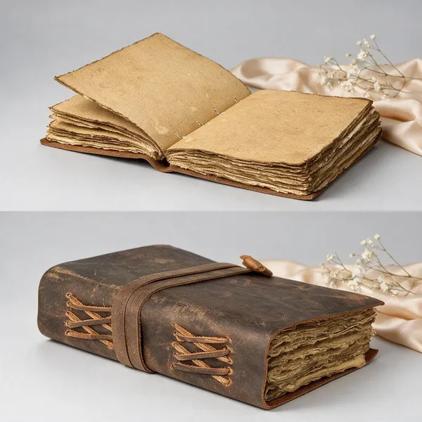 Handmade_Antique_Dark_Brown_100%_Genuine_Buffalo_Leather_Journal_With_Deckle_Edge_Paper_For_Writing_&_Sketching_-_Cross-Laced_Spine_Details_With_Wrap-Around_Tie_Strap,_200_Unruled_Pages,_Portable_7X5_Inch_Diary_For_Men_&_Women