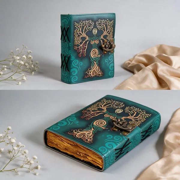 Teal_Buffalo_Leather_UV_Print_Gaia_Tree_Goddess_Lock_Journal_200_Pages