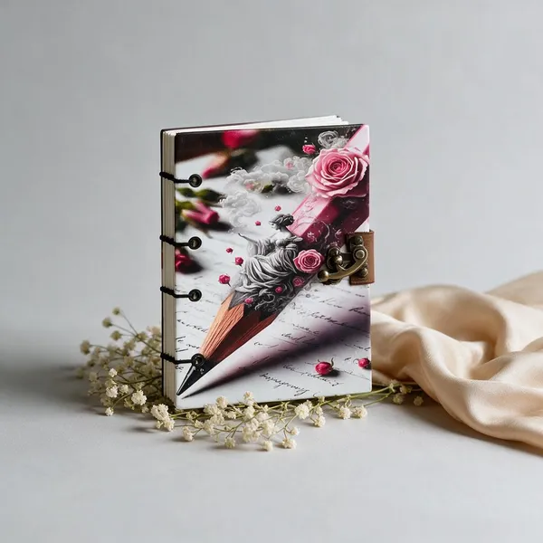 Handcrafted_Surrealist_Artist_Pencil_&_Blooming_Roses_Printed_Hardbound_Journal_For_Writing_&_Sketching_-_Vintage_Brass_Finish_Lock,_200_Unruled_Pages,_Portable_7X5_Inch_Hand-Stitched_Diary