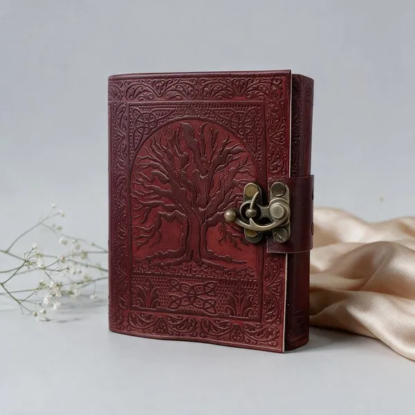 Handmade_Embossed_Tree_Of_Life_Cherry_Red_Leather_Journal_For_Writing_&_Sketching_-_Vintage_Brass_Finish_Lock,_200_Unruled_Pages,_Portable_7X5_Inch_Hand-Stitched_Diary