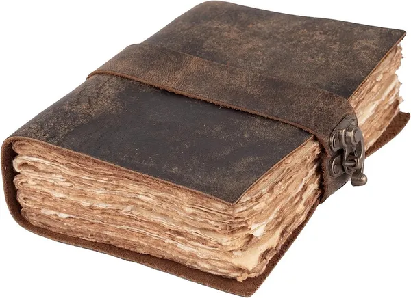 Handmade_Vintage_Dark_Brown_100%_Full-Grain_Genuine_Buffalo_Leather_Journal_With_Deckle_Edge_Handmade_Cotton_Paper_-_Antique_Brass_Skeleton_Key_&_Wrap_Strap,_200_Unruled_Pages,_Portable_7X5_Inch_Diary_For_Men_&_Women
