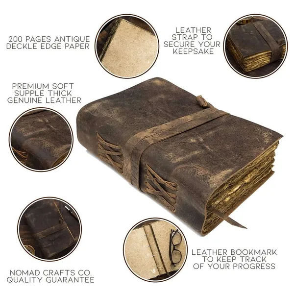 Handmade_Antique_Dark_Brown_100%_Genuine_Buffalo_Leather_Journal_With_Deckle_Edge_Paper_For_Writing_&_Sketching_-_Cross-Laced_Spine_Details_With_Wrap-Around_Tie_Strap,_200_Unruled_Pages,_Portable_7X5_Inch_Diary_For_Men_&_Women