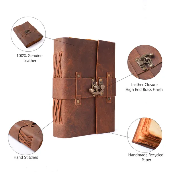 Handmade_Vintage_Rustic_Brown_100%_Genuine_Buffalo_Leather_Journal_With_Antique_Burnt_Deckle_Edge_Paper_For_Writing_&_Sketching_-_Riveted_Leather_Strap_With_Vintage_Brass_Finish_Lock,_200_Unruled_Pages,_Portable_8X6_Inch_Hand-Stitched_Diary_For_Men_&_Women