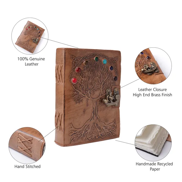 Handmade_Embossed_Seven_Chakra_Tree_Of_Life_Antique_Tan_100%_Genuine_Buffalo_Leather_Journal_For_Writing_&_Sketching_-_Inlaid_7_Healing_Stones,_Vintage_Brass_Finish_Lock,_200_Unruled_Pages,_Portable_7X5_Inch_Hand-Stitched_Diary_For_Men_&_Women