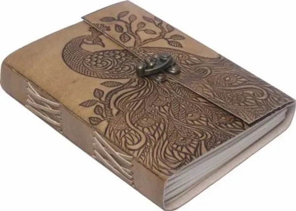 Handmade_Embossed_Peacock_Tan_Brown_100%_Genuine_Buffalo_Leather_Journal_For_Writing_&_Sketching_-_Vintage_Brass_Finish_Lock,_200_Unruled_Pages,