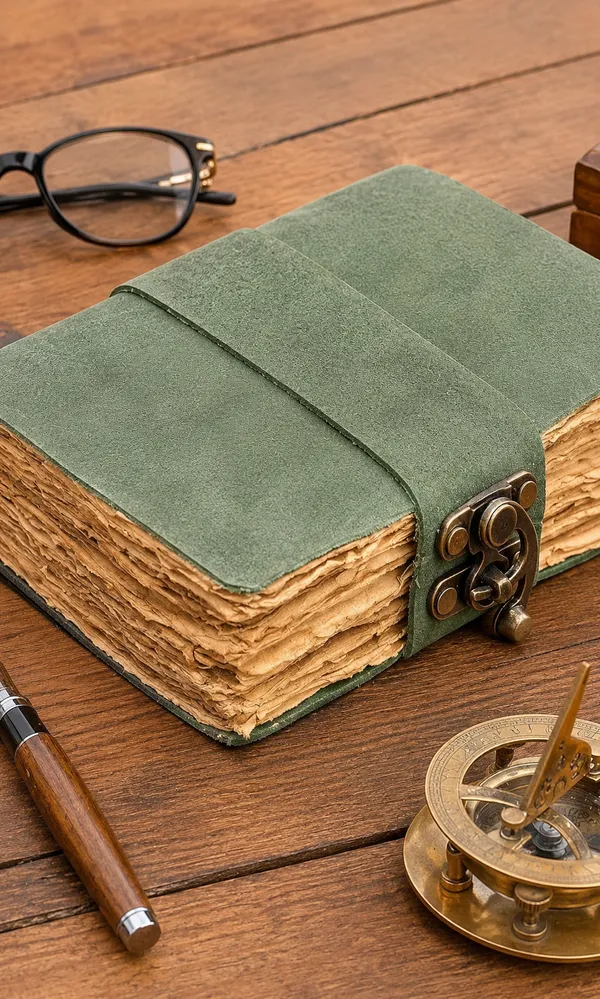 Handmade_Vintage_Emerald_Green_100%_Genuine_Buffalo_Leather_Journal_With_Antique_Deckle_Edge_Paper_For_Writing_&_Sketching_-_Vintage_Brass_Finish_Lock,_200_Unruled_Pages,_Portable_7X5_Inch_Hand-Stitched_Diary_For_Men_&_Women