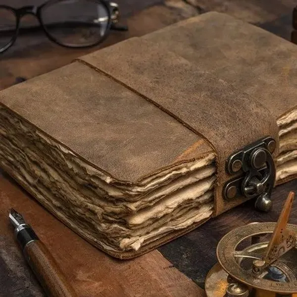 Handmade_Vintage_Rustic_Brown_100%_Genuine_Buffalo_Leather_Journal_With_Antique_Burnt_Deckle_Edge_Paper_For_Writing_&_Sketching_-_Riveted_Leather_Strap_With_Vintage_Brass_Finish_Lock,_200_Unruled_Pages,_Portable_8X6_Inch_Hand-Stitched_Diary_For_Men_&_Women