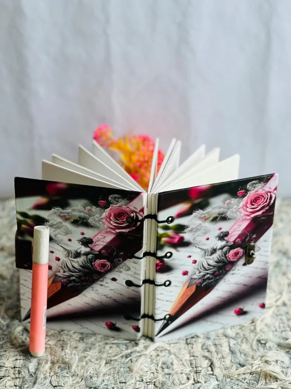 Handcrafted_Surrealist_Artist_Pencil_&_Blooming_Roses_Printed_Hardbound_Journal_For_Writing_&_Sketching_-_Vintage_Brass_Finish_Lock,_200_Unruled_Pages,_Portable_7X5_Inch_Hand-Stitched_Diary