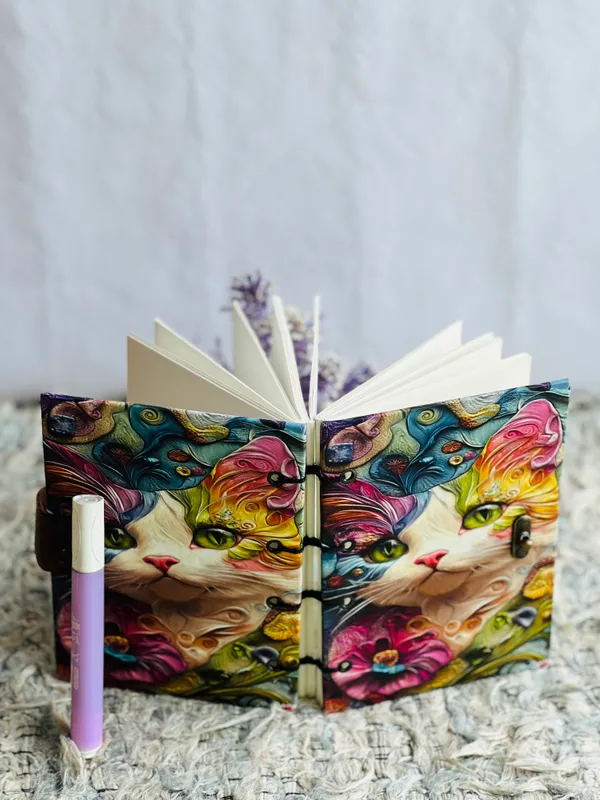 Psychedelic_Floral_Cat_Hardbound_Lock_Diary_200_Unruled_Pages_7X5_In