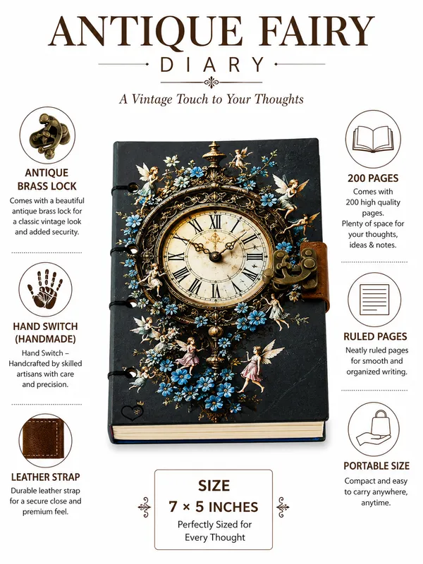 Handcrafted_Vintage_Roman_Clock_&_Fairy_Garden_Printed_Hardbound_Journal_For_Writing_&_Sketching_-_Vintage_Brass_Finish_Lock,_200_Unruled_Pages,_Portable_7X5_Inch_Hand-Stitched_Diary