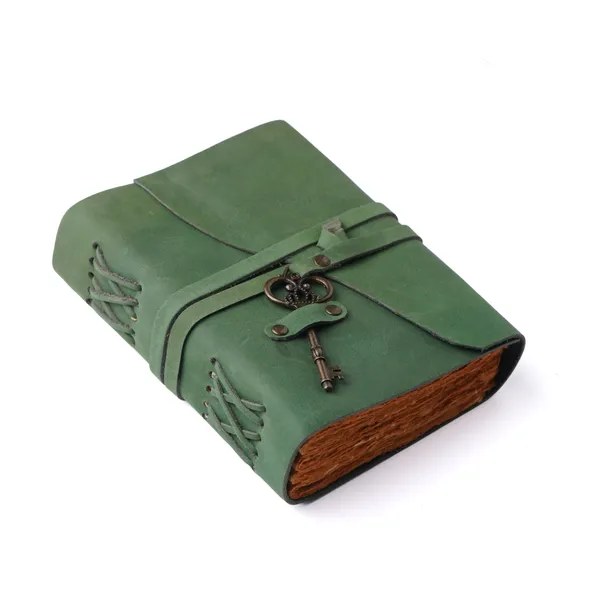 Handmade_Vintage_Jade_Green_100%_Genuine_Buffalo_Leather_Journal_With_Antique_Burnt_Deckle_Edge_Paper_For_Writing_&_Sketching_-_Antique_Brass_Skeleton_Key,_Cross-Stitched_Spine,_200_Unruled_Pages,_Portable_7X5_Inch_Diary_For_Men_&_Women