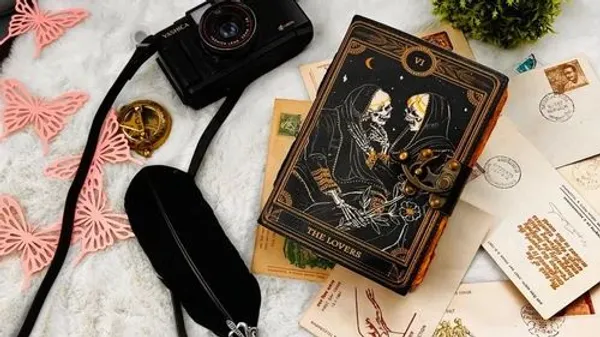 Handmade_High-Definition_UV_Printed_Gothic_Tarot_Lovers_Leather_Journal_With_Antique_Burnt_Deckle_Edge_Paper_For_Writing_&_Sketching_-_Vintage_Brass_Finish_Lock,_200_Unruled_Pages,_Portable_7X5_Inch_Hand-Stitched_Diary