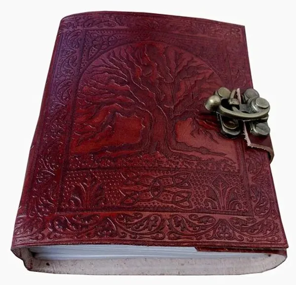 Handmade_Embossed_Tree_Of_Life_Cherry_Red_Leather_Journal_For_Writing_&_Sketching_-_Vintage_Brass_Finish_Lock,_200_Unruled_Pages,_Portable_7X5_Inch_Hand-Stitched_Diary
