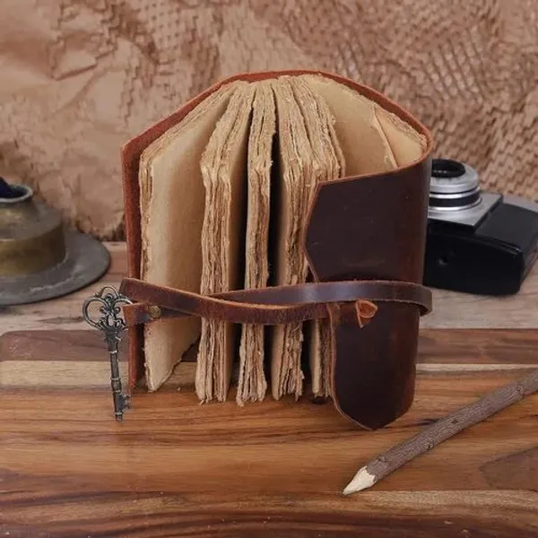 Handmade_Vintage_Jade_Green_100%_Genuine_Buffalo_Leather_Journal_With_Antique_Burnt_Deckle_Edge_Paper_For_Writing_&_Sketching_-_Antique_Brass_Skeleton_Key,_Cross-Stitched_Spine,_200_Unruled_Pages,_Portable_6X4_Inch_Diary_For_Men_&_Women