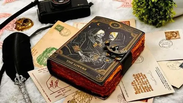 Handmade_High-Definition_UV_Printed_Gothic_Tarot_Lovers_Leather_Journal_With_Antique_Burnt_Deckle_Edge_Paper_For_Writing_&_Sketching_-_Vintage_Brass_Finish_Lock,_200_Unruled_Pages,_Portable_7X5_Inch_Hand-Stitched_Diary