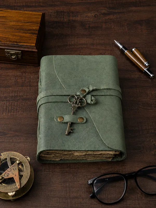 Handmade_Vintage_Olive_Green_100%_Genuine_Buffalo_Leather_Journal_With_Antique_Deckle_Edge_Paper_For_Writing_&_Sketching_-_Antique_Brass_Skeleton_Key_&_Leather_Wrap_Strap,_200_Unruled_Pages,_Portable_7X5_Inch_Hand-Stitched_Diary_For_Men_&_Women