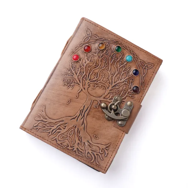Handmade_Embossed_Seven_Chakra_Tree_Of_Life_Antique_Tan_100%_Genuine_Buffalo_Leather_Journal_For_Writing_&_Sketching_-_Inlaid_7_Healing_Stones,_Vintage_Brass_Finish_Lock,_200_Unruled_Pages,_Portable_7X5_Inch_Hand-Stitched_Diary_For_Men_&_Women