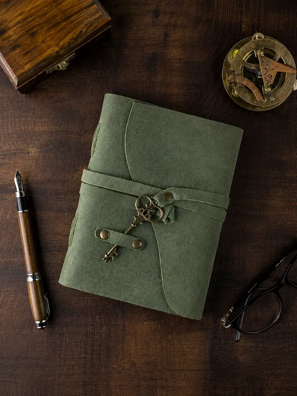 Handmade_Vintage_Olive_Green_100%_Genuine_Buffalo_Leather_Journal_With_Antique_Deckle_Edge_Paper_For_Writing_&_Sketching_-_Antique_Brass_Skeleton_Key_&_Leather_Wrap_Strap,_200_Unruled_Pages,_Portable_7X5_Inch_Hand-Stitched_Diary_For_Men_&_Women
