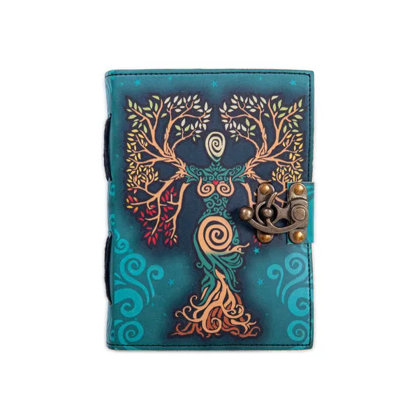 Teal_Buffalo_Leather_UV_Print_Gaia_Tree_Goddess_Lock_Journal_200_Pages