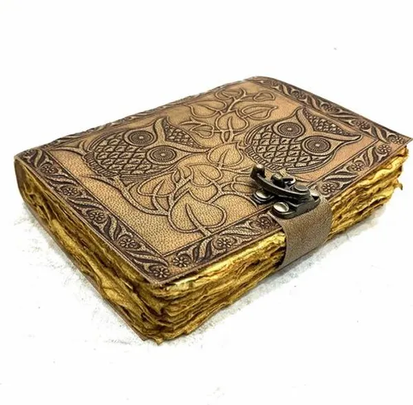 Handmade_Twin_Owl_Embossed_Vintage_Leather_Journal_With_Brass_Lock_-_Antique_Deckle_Edge_Paper,_200_Unruled_Pages,_7X5_Inch_Hand-Stitched_Diary