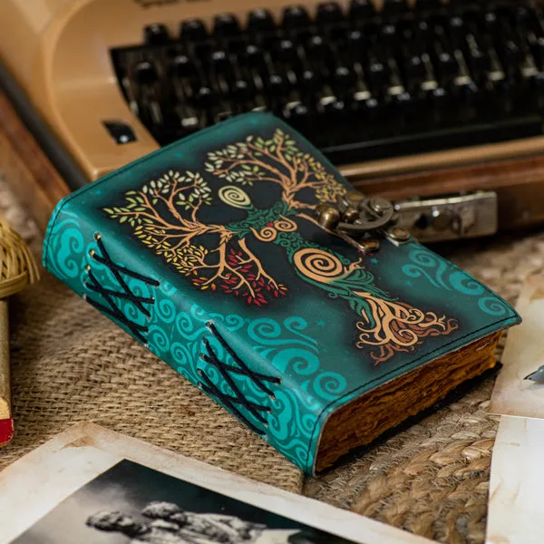 Teal_Buffalo_Leather_UV_Print_Gaia_Tree_Goddess_Lock_Journal_200_Pages