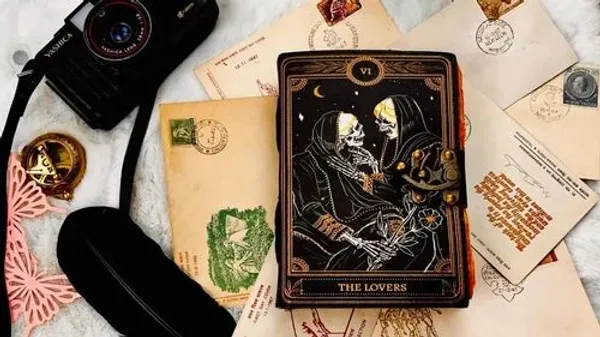 Handmade_High-Definition_UV_Printed_Gothic_Tarot_Lovers_Leather_Journal_With_Antique_Burnt_Deckle_Edge_Paper_For_Writing_&_Sketching_-_Vintage_Brass_Finish_Lock,_200_Unruled_Pages,_Portable_7X5_Inch_Hand-Stitched_Diary