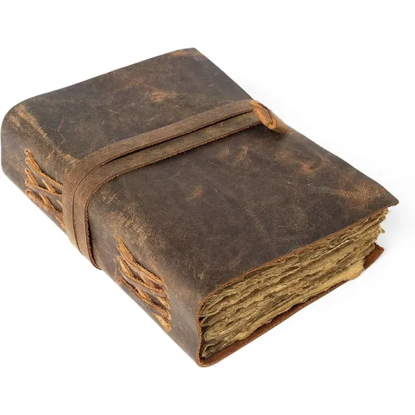 Handmade_Antique_Dark_Brown_100%_Genuine_Buffalo_Leather_Journal_With_Deckle_Edge_Paper_For_Writing_&_Sketching_-_Cross-Laced_Spine_Details_With_Wrap-Around_Tie_Strap,_200_Unruled_Pages,_Portable_7X5_Inch_Diary_For_Men_&_Women