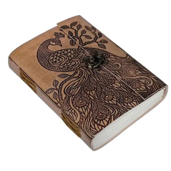 Handmade_Embossed_Peacock_Tan_Brown_100%_Genuine_Buffalo_Leather_Journal_For_Writing_&_Sketching_-_Vintage_Brass_Finish_Lock,_200_Unruled_Pages,