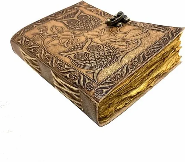 Handmade_Twin_Owl_Embossed_Vintage_Leather_Journal_With_Brass_Lock_-_Antique_Deckle_Edge_Paper,_200_Unruled_Pages,_7X5_Inch_Hand-Stitched_Diary